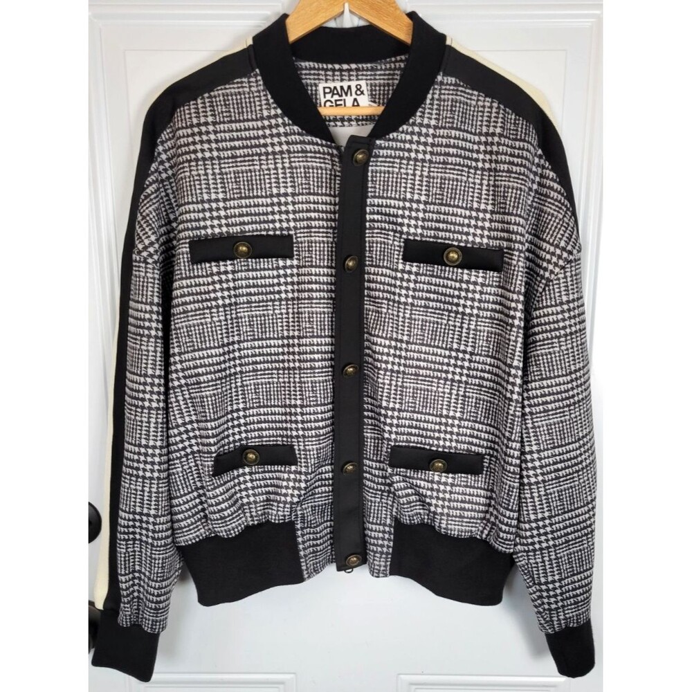 Pam & Gela Black and White Houndstooth Plaid Track Jacket new Large - Picture 3 of 14